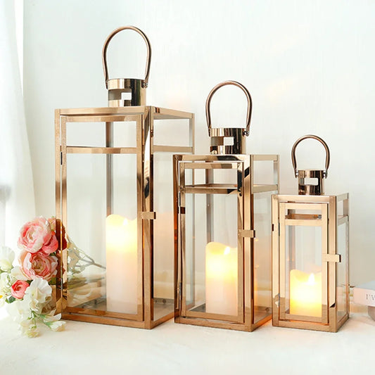 Set Of 3 Rose Gold Stainless Steel Candle Lanterns 19 Inch