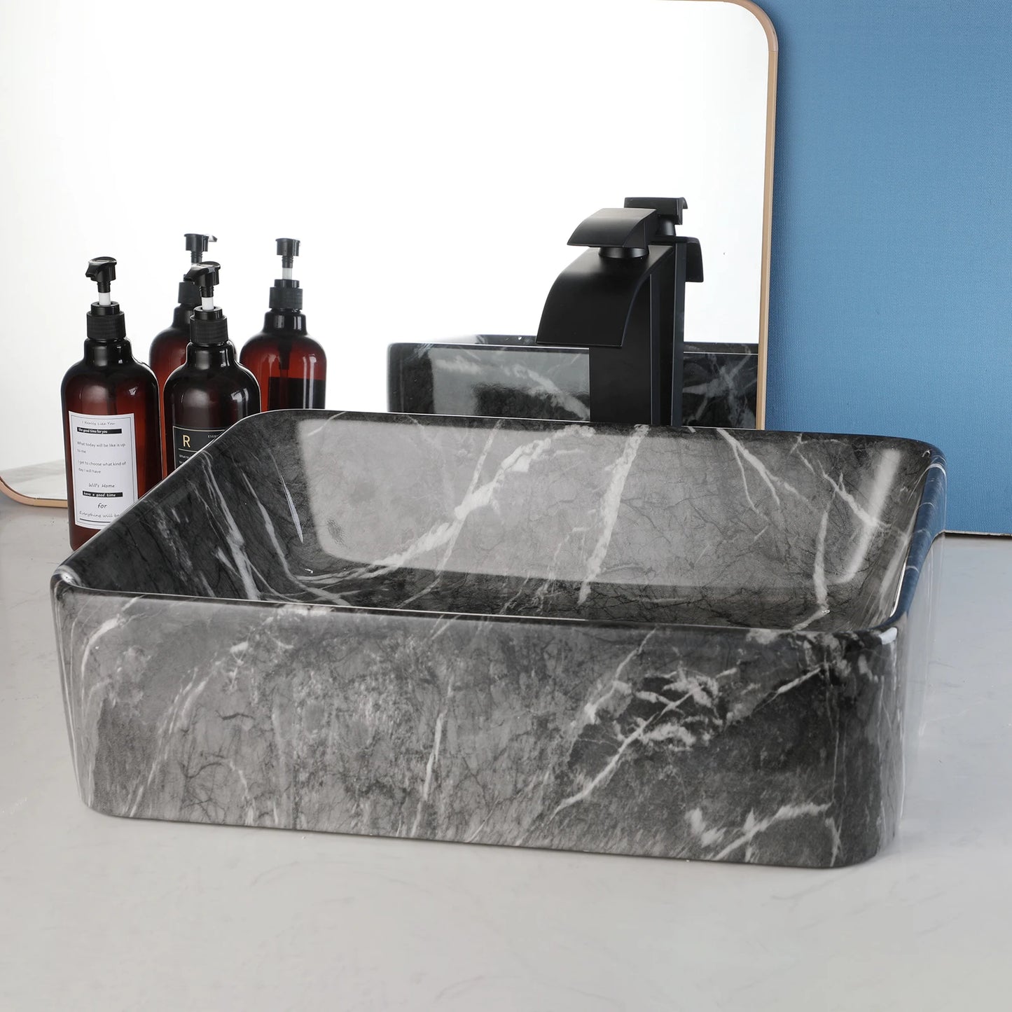 ZAPPO Black Rectangular Vessel Sink with Faucet and Drain