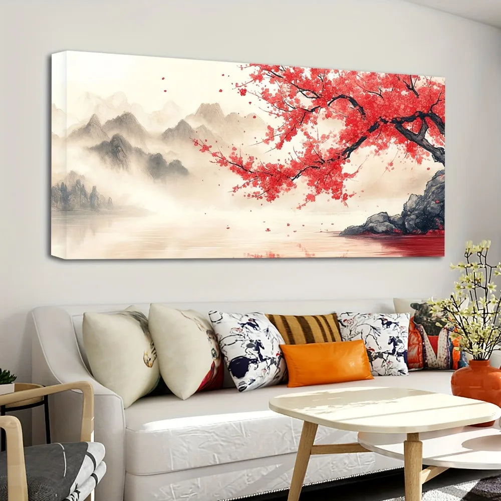 1.5 Inch Pine Wood Frame Pink Plum Mural Wall Art Black And White Landscape