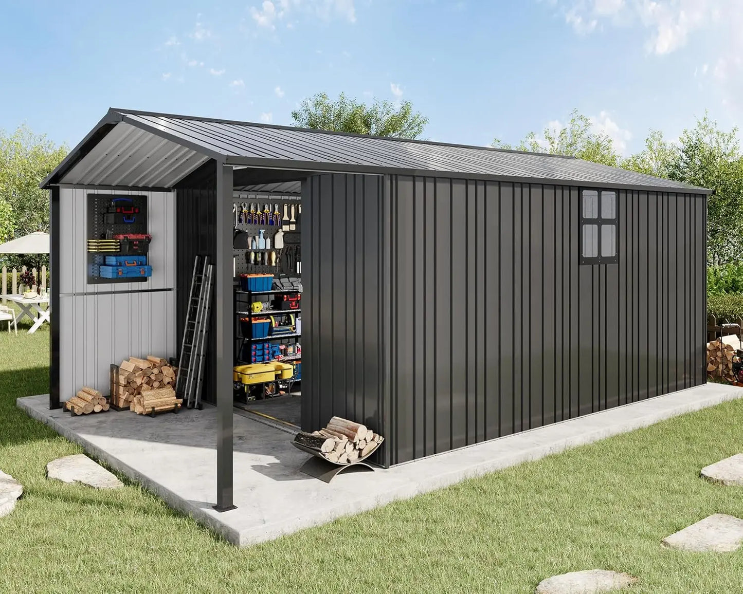 10x16.6x7.3 Ft Outdoor Storage Shed With Lounge Area And Sliding Doors 2 Windows