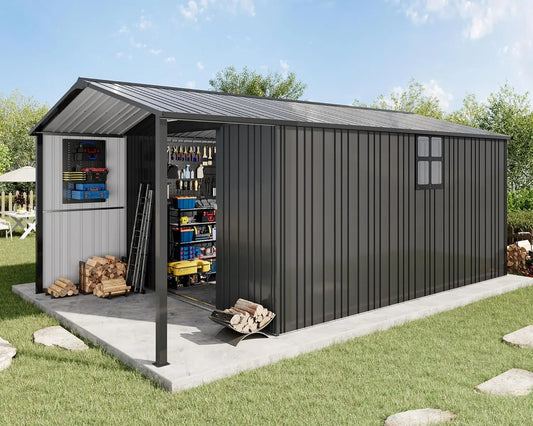 10x16.6x7.3 Ft Outdoor Storage Shed With Lounge Area And Sliding Doors 2 Windows