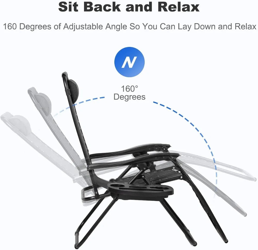 Set of 2 Adjustable Zero Gravity Lounge Chairs With Cup Holder and Pillow