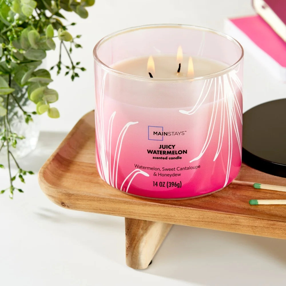 3-Wick Juicy Watermelon Scented Candle 14 Ounce Paraffin Wax Burn Time 65 Hours