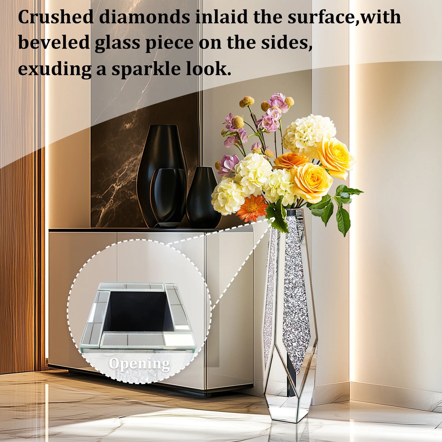 Tall Floor Mirror Vase Large Crushed Diamond Glass Vase for Home Decor Modern Crystal Centerpiece for Living Room Wedding Hotel