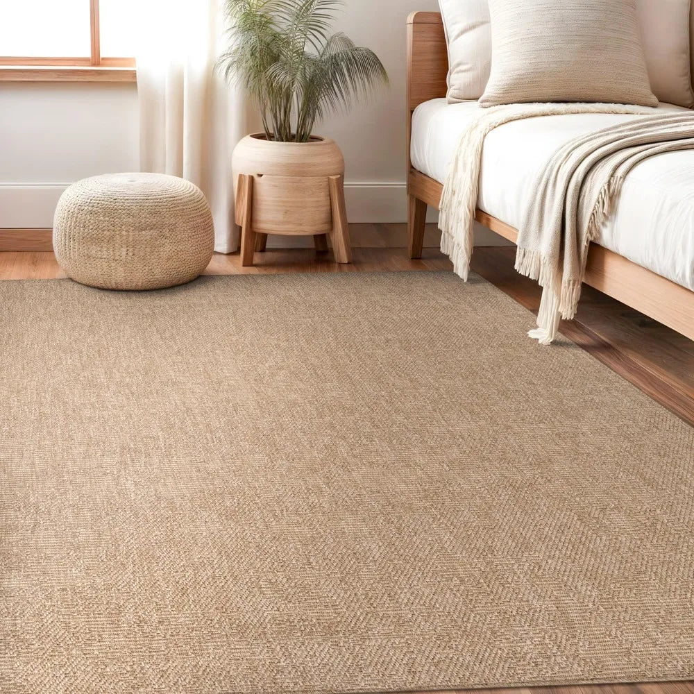 Natural Large Outdoor Area Rug for Living Dining Room Patio Office Stain Resistant Non Shedding 9 X 12 Geometric Fleece Carpet