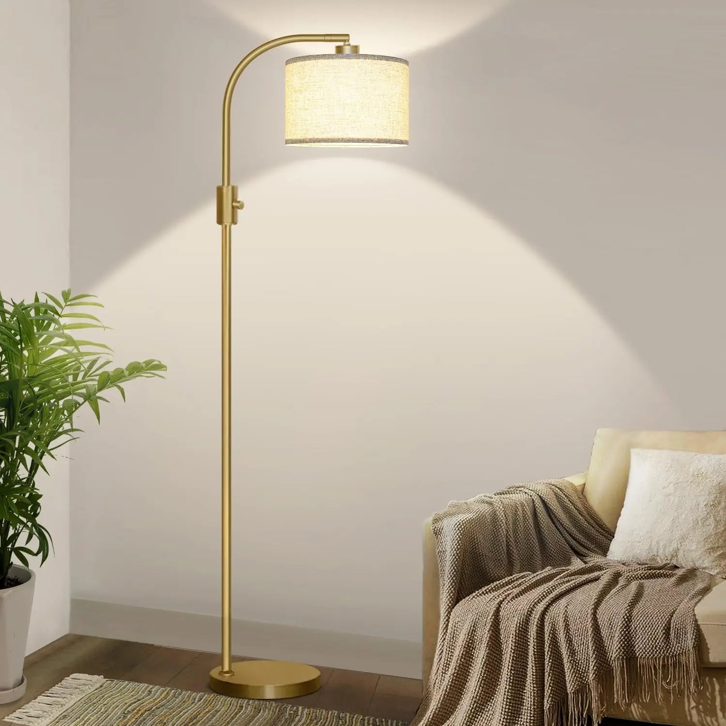 Modern Arc Dimmable Floor Lamp Linen Shade Gold Finish 1200 Lumens LED Bulb