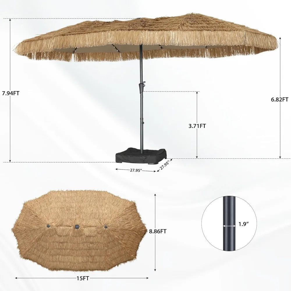 15Ft Tiki Patio Umbrella With 48 LED Lights And Heavy Duty Cross Base 12 Ribs