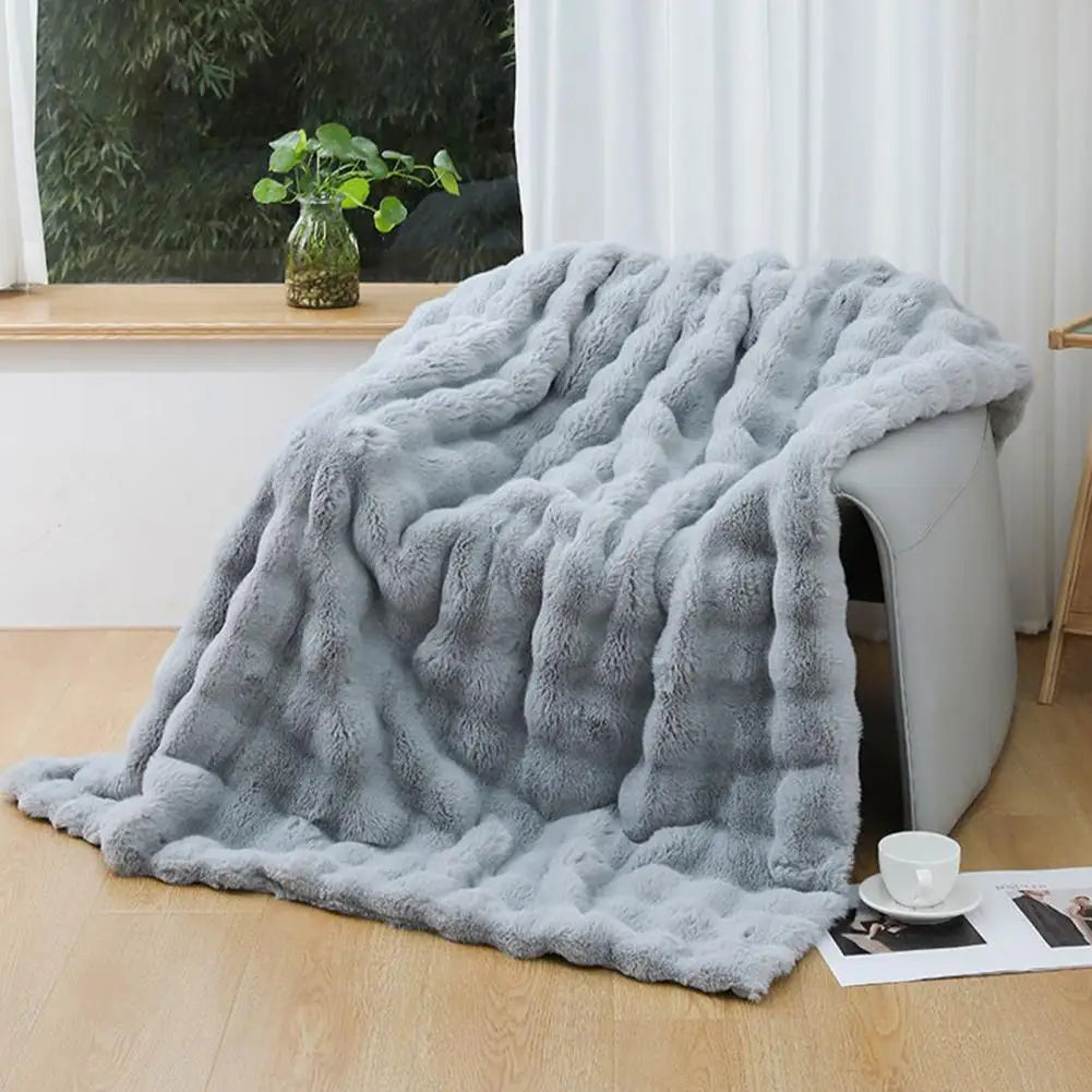 Winter Plush Blanket Thickened Fuzzy Bubble Design Faux Rabbit Fur Blanket for Bedroom Living Room Office Home Bed Sofa