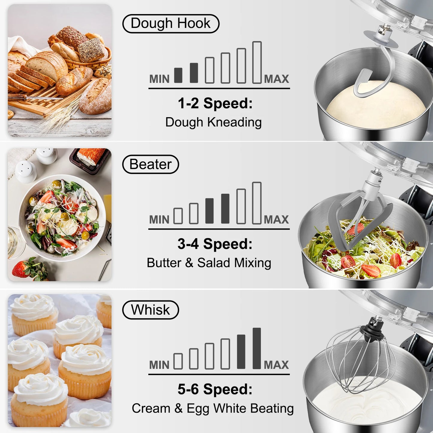 SucceBuy Electric Dough Mixer Stand Mixer with 6 Speeds LCD Touch Screen Timing 5.8 Quart Stainless Steel Bowl Dough Hook Flat Beater