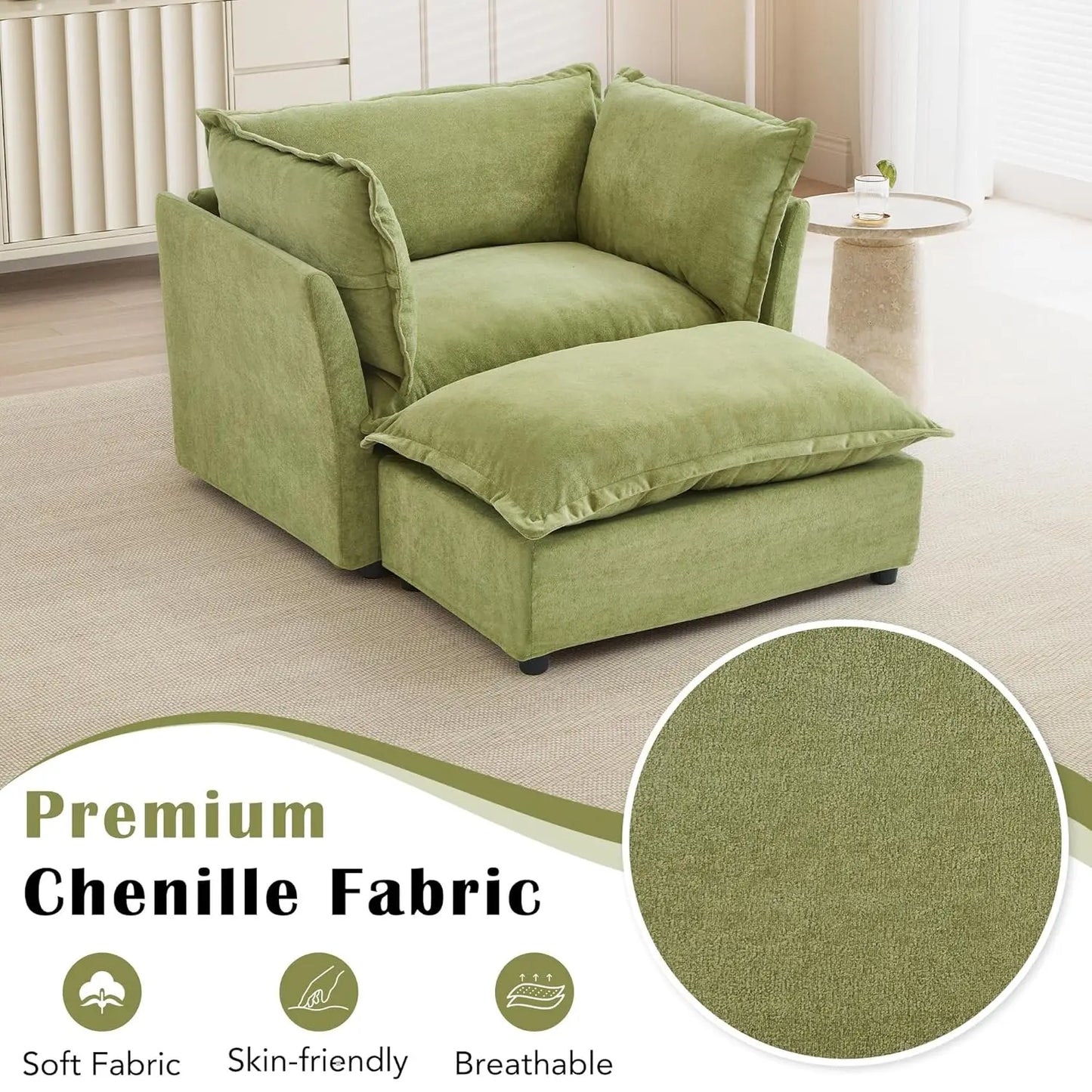 Modern Armchair Sofa With Ottoman 47 Inch Upholstered Wide Seat Curved Armrests