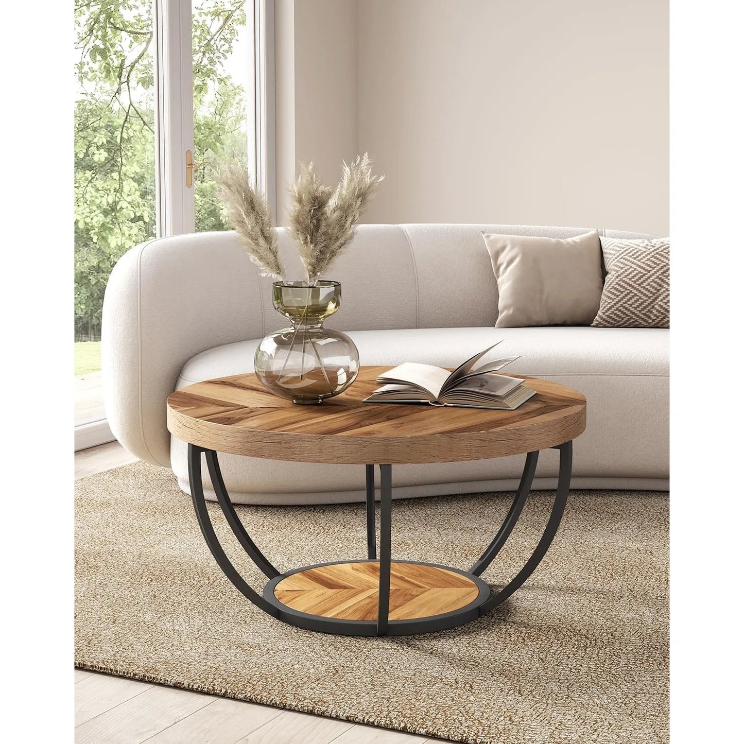 32 Inch Circle Marble Coffee Table With 2 Tier Gold Metal Legs Open Storage
