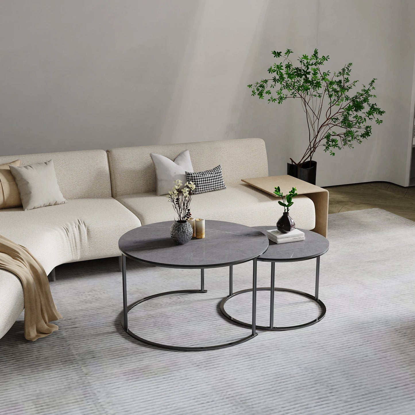 Modern Nesting Grey Marble Top Coffee Table Set Metal Legs