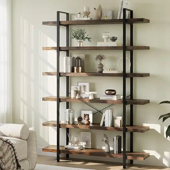 Industrial Rustic Six Tier Bookshelf 47 Inch Wide 120 Lb Capacity Home Office