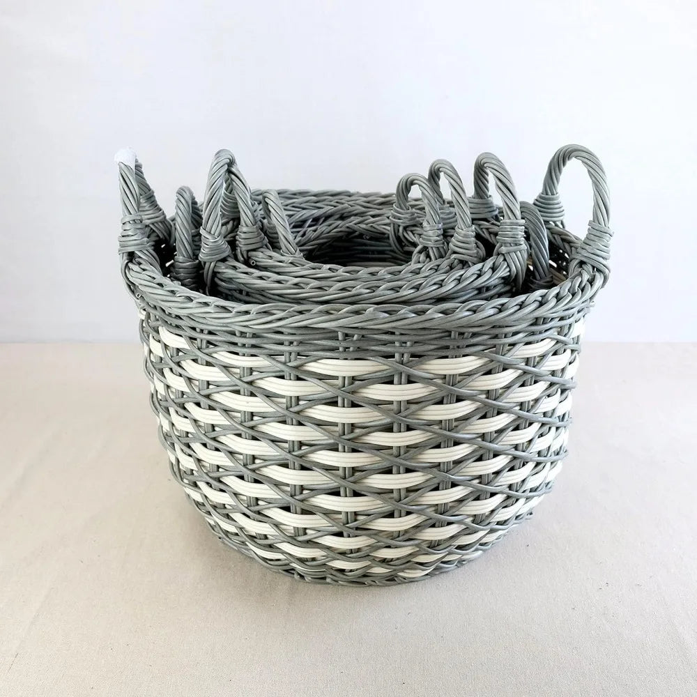 3 Pack Hand Woven Wicker Baskets With Handles Gray Beige