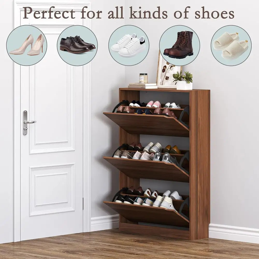 Slim Narrow Wood Shoe Cabinet With 3 Flip Drawers Freestanding Organizer
