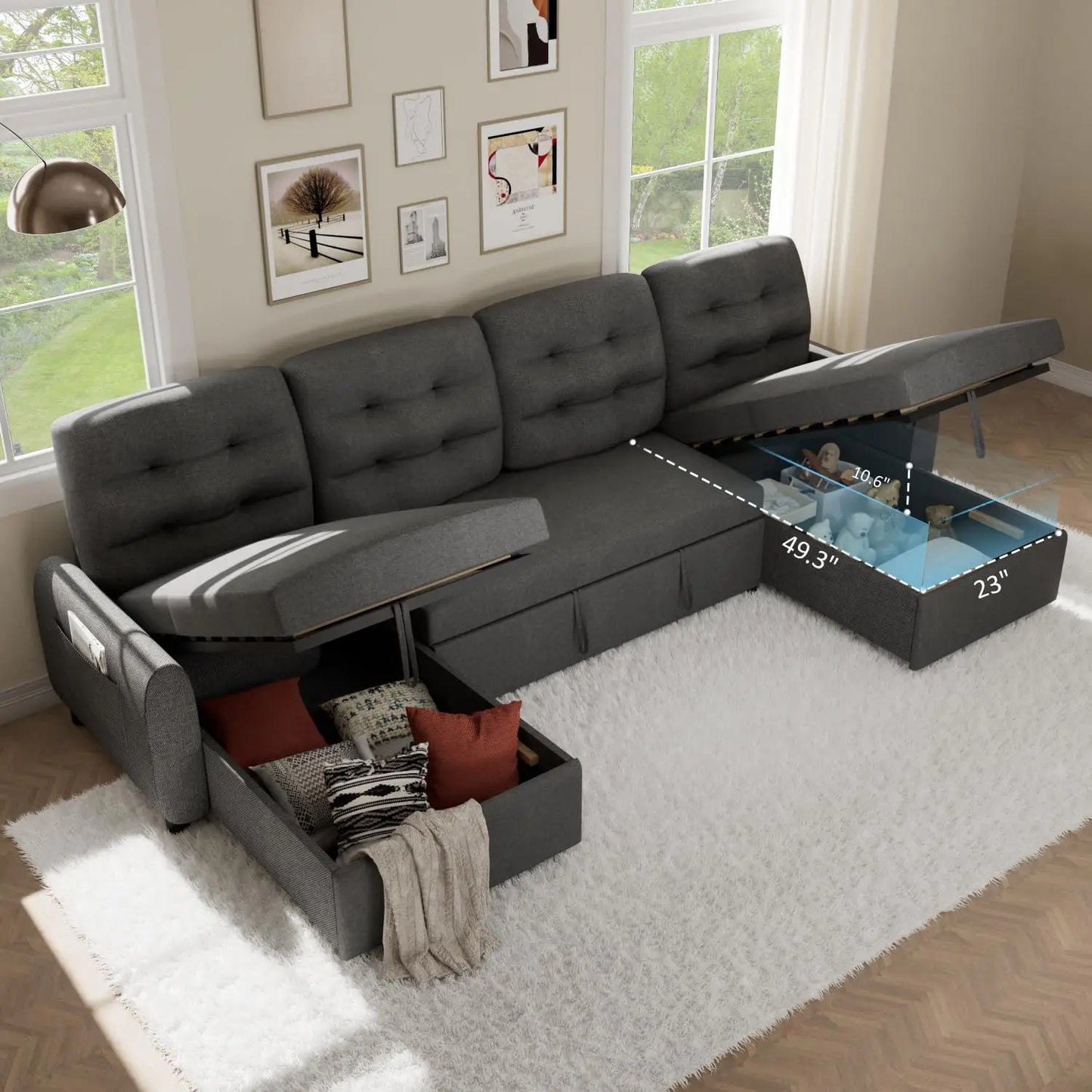 87 Inch Sleeper Sectional Sofa Bed With Storage Chaise