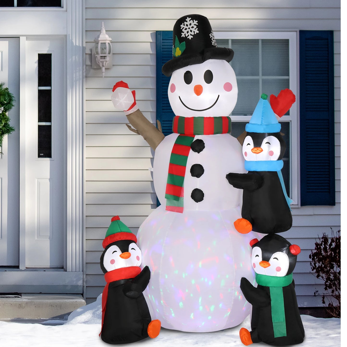 6ft Inflatable Snowman With 3 Penguins And 4 Light Strings