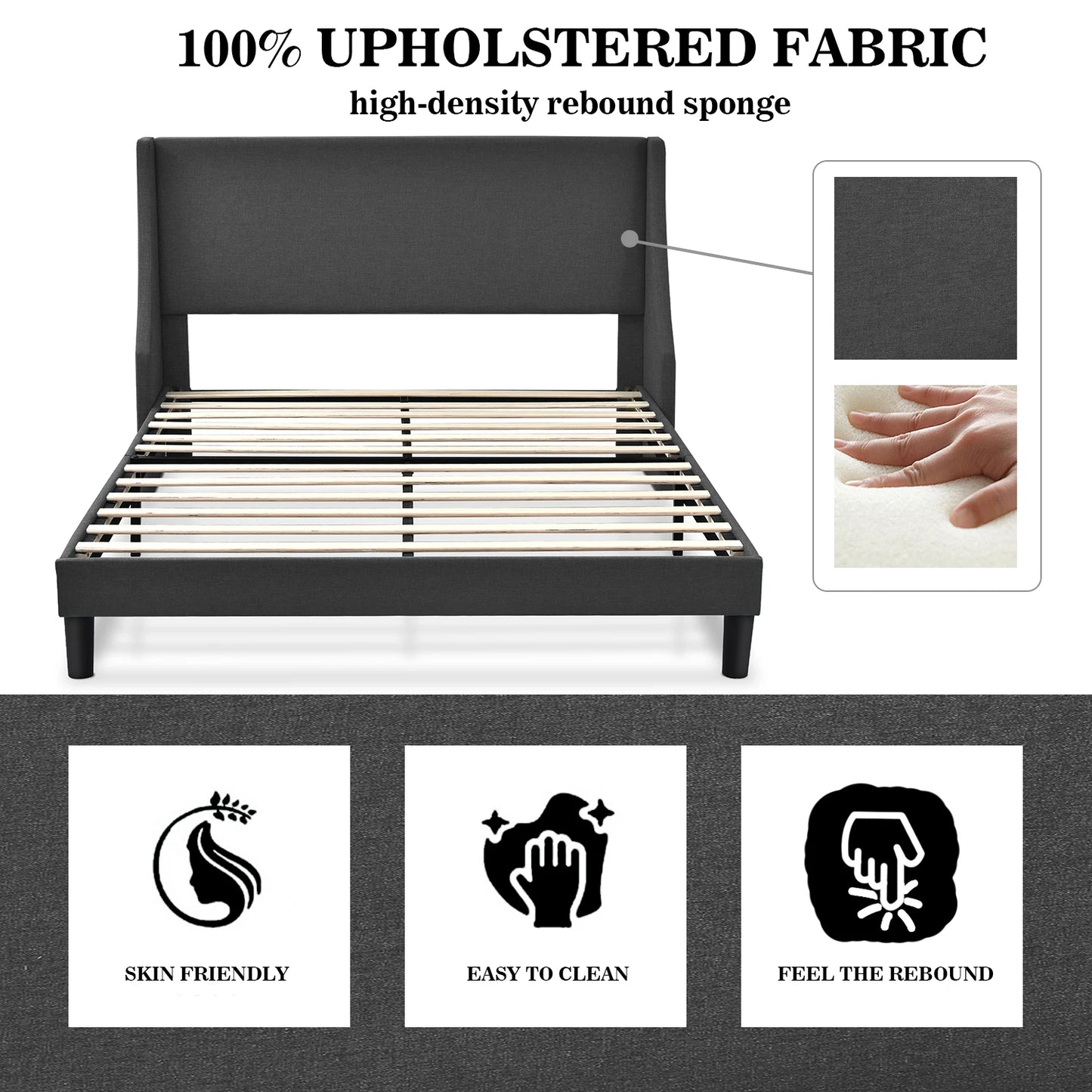 HOOMIC Fabric Upholstered Wingback Platform Bed with Headboard and Wood Slats