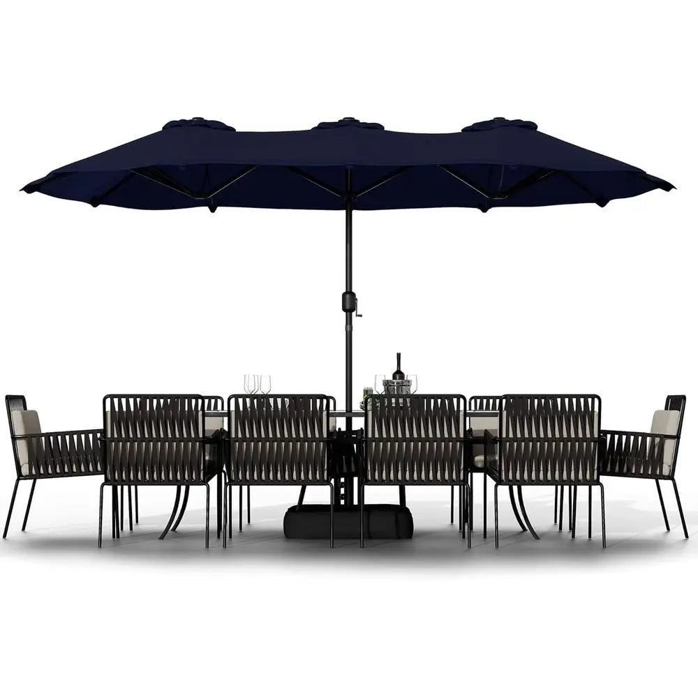 16Ft Rectangular Outdoor Patio Umbrella With Crank Double Sided Dark Blue