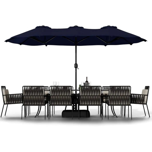 16Ft Rectangular Outdoor Patio Umbrella With Crank Double Sided Dark Blue