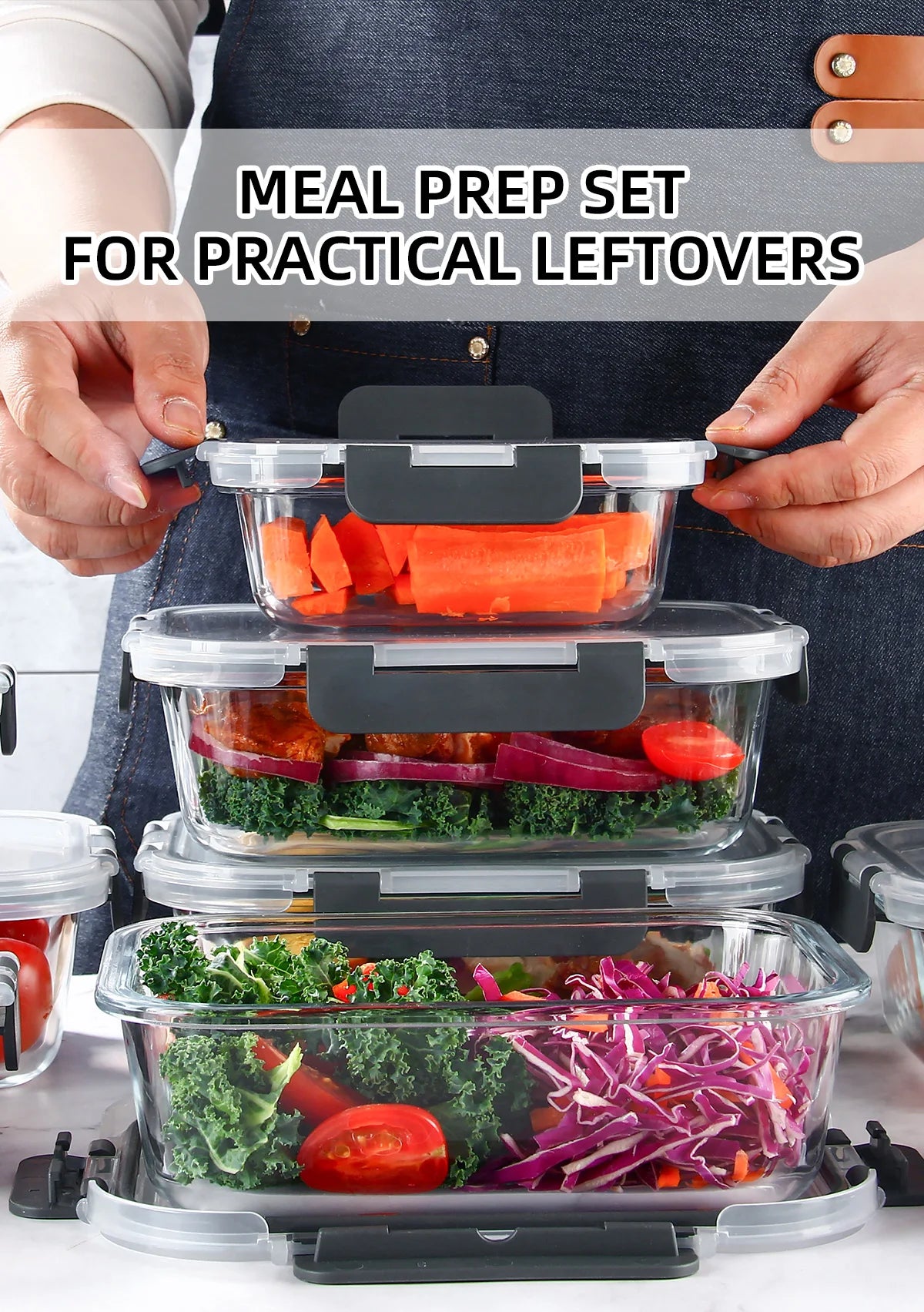 8 Piece Glass Food Storage Containers Set BPA Free Leakproof Microwave and Oven Safe 6 Sizes Borosilicate Glass Lock Lid