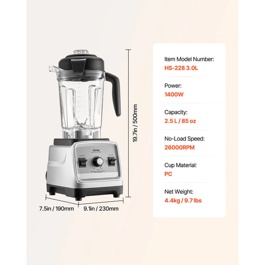 Vevor Professional Blender for Smoothies 1400W Multi-Functional Food Processor 2.5L Capacity