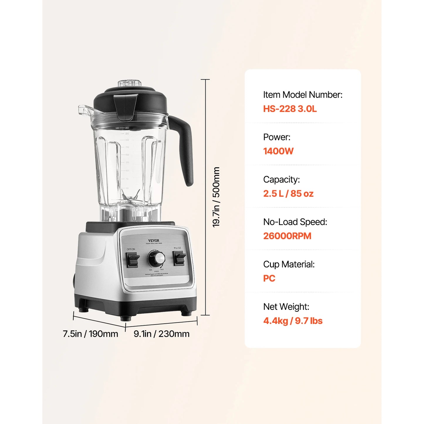 Vevor 1400W Professional Blender for Smoothies Multi-Functional Food Processing Kitchen Appliance