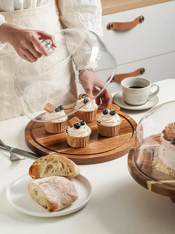 Acacia Wood Cake Stand Acrylic Lid 12 Inch Dessert Display