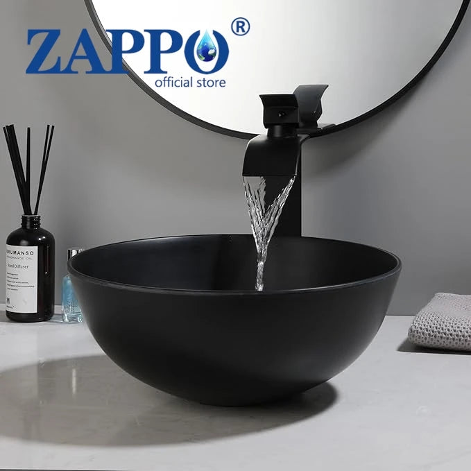 Zappo Black Stone Resin Oval Bathroom Vessel Sink Faucet
