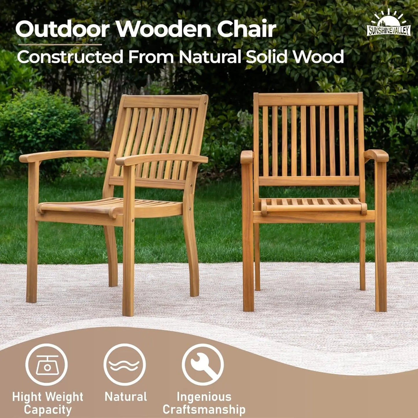 Wood Patio Dining Chairs Set Of 2 Outdoor Acacia Wood With Armrests High Back
