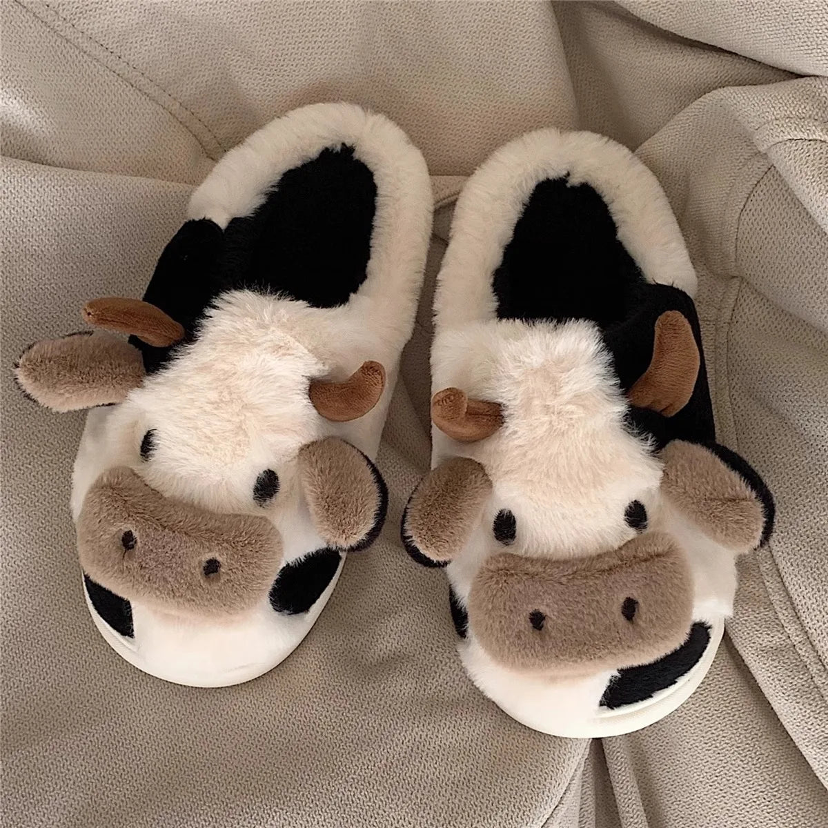 Ladies Winter Slippers Cute Cartoon Heart Animal Cow Fur Warm Anti Slip Indoor