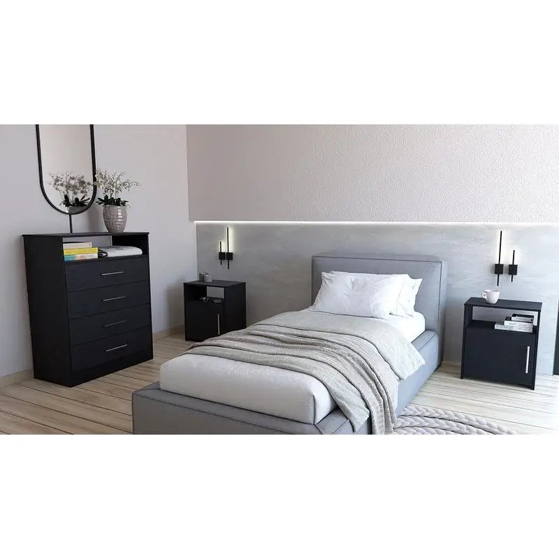 Kairo Dresser And Two Omaha Nightstands Bedroom Set Black Finish