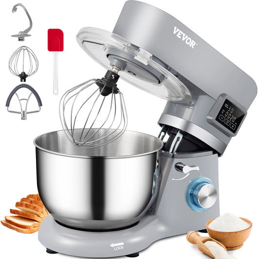 SucceBuy Electric Dough Mixer Stand Mixer with 6 Speeds LCD Touch Screen Timing 5.8 Quart Stainless Steel Bowl Dough Hook Flat Beater