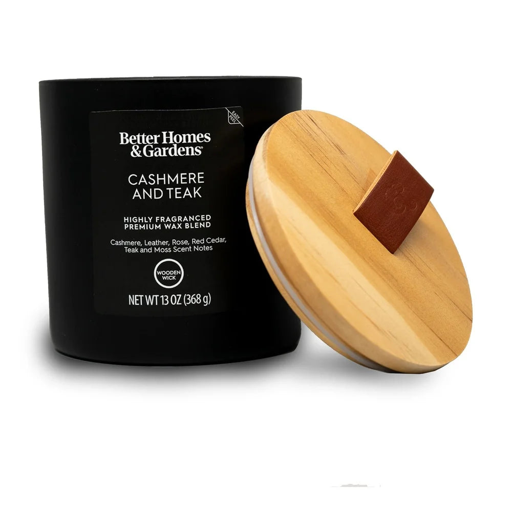 Scented Wooden Wick Jar Candle 13oz Cashmere Teak In Black Glass Leather Lid