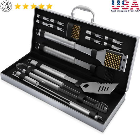 16 Piece BBQ Grill Accessories Set Stainless Steel Tools with Heavy Duty Aluminum Case Perfect Gift for Grill Lovers