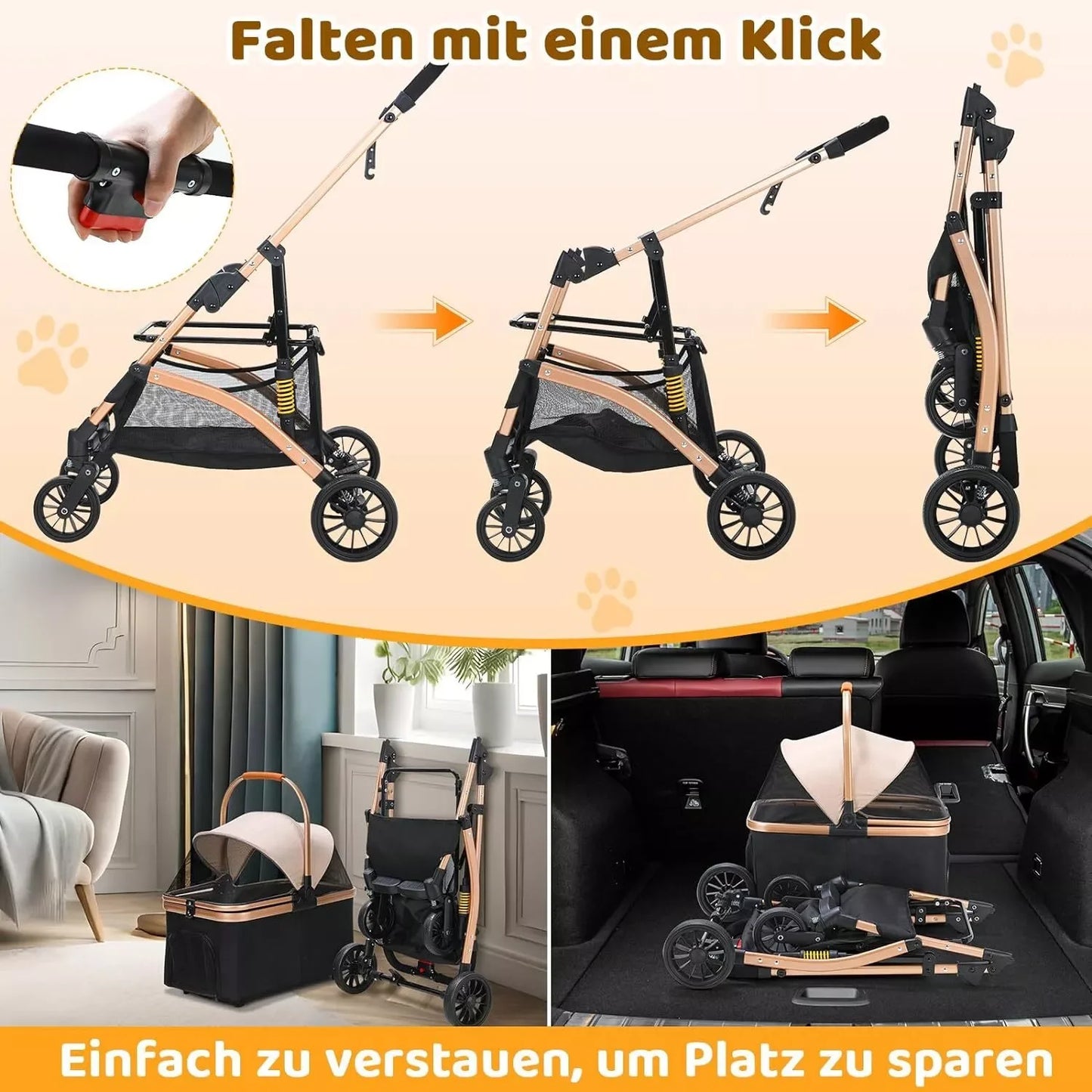 Dog Buggy 2 in 1 Stroller for Small Dogs and Cats Foldable Transport with 360 Degree Wear Resistant Rubber Wheels and Storage Basket