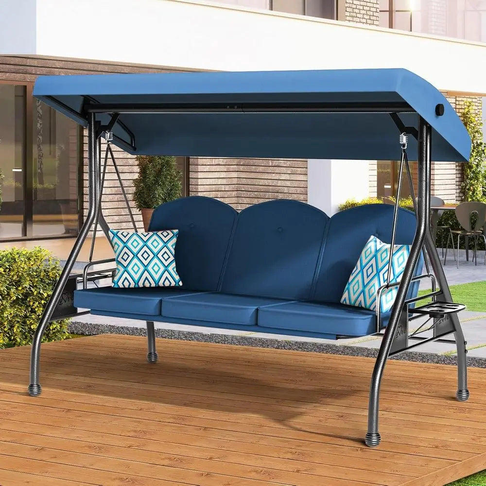 Three Seat Outdoor Swing With Stand 800lbs Capacity Two In One Swing Bed Blue