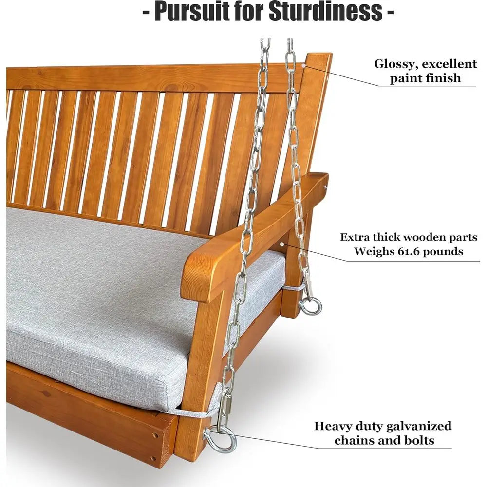 Teak Tone Porch Swing Bed With Cushion For Outdoor Patio Or Porch