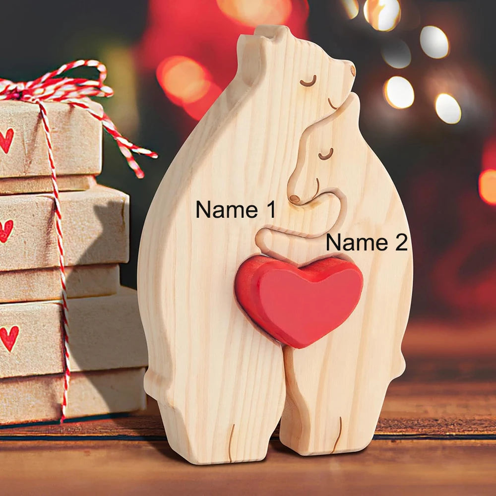 Personalized Custom Bear Family Wooden Puzzle DIY Free Engraving Name Sculpture Home Desk Decor Figurines Christmas Birthday Gift
