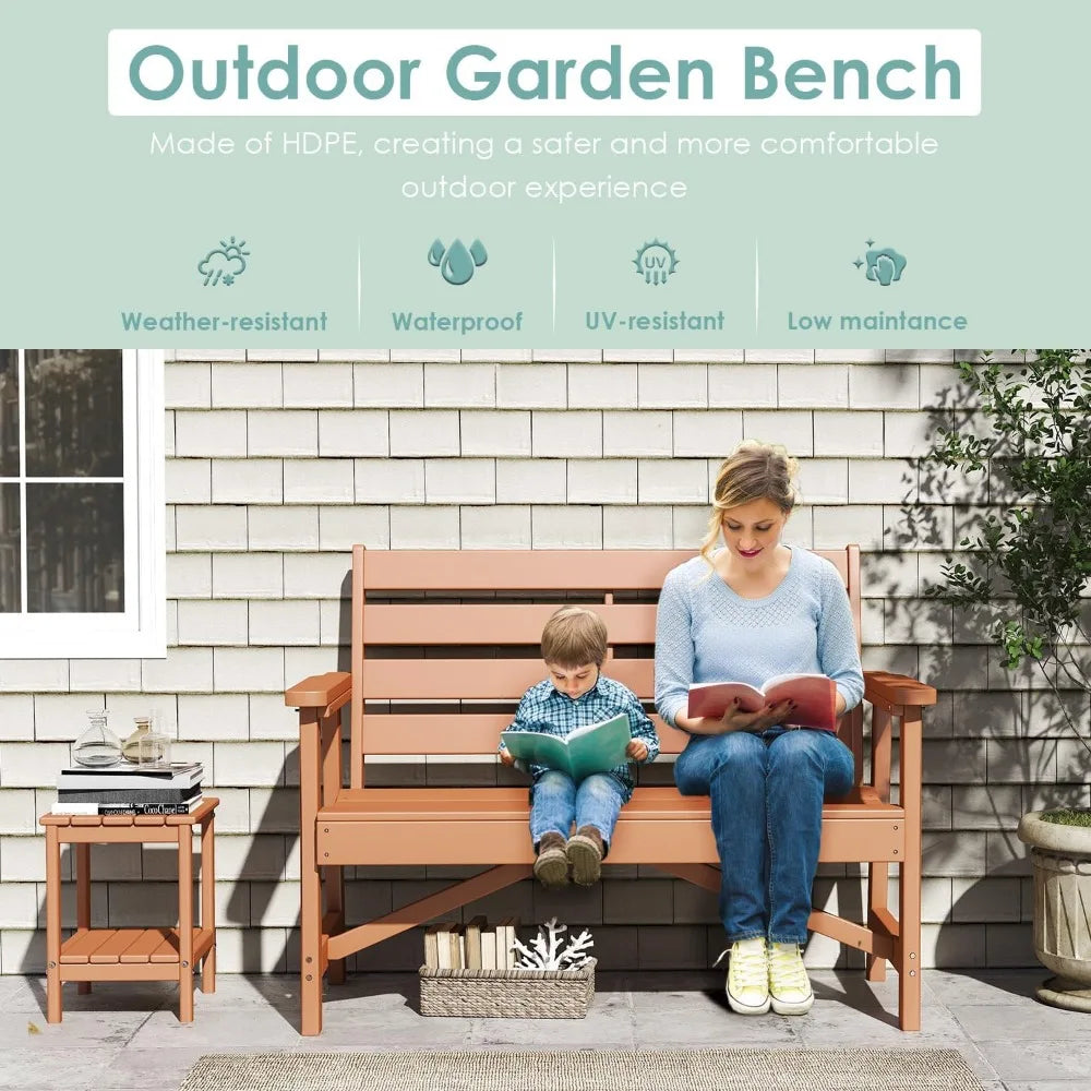 Ivy Lane Outdoor Bench HDPE Plastic 2-Person Weatherproof Teak Garden Bench For Patio Park Porch Backyard