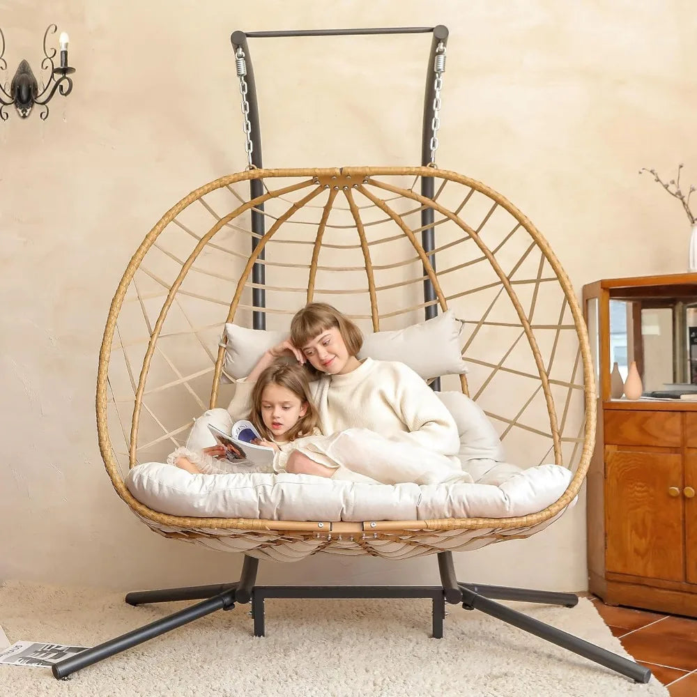 Double Egg Swing Chair With Stand 2-Person Hanging Hammock Chair With Cushion for Patio and Living Room 550 Lb Capacity