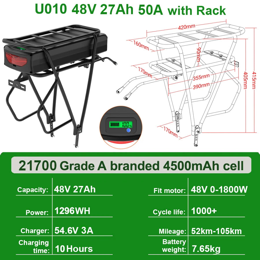 Rear Rack EBike Battery 52V 48V 27Ah 24 28 Inch Optional