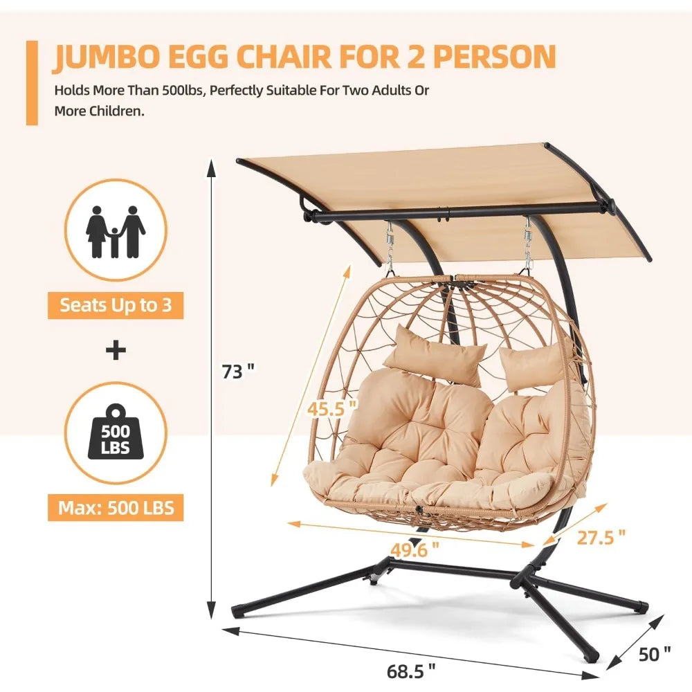 Oversized Double Egg Chair with Adjustable Canopy Patio Hanging Swing Chair Hammock Chair with Cushion