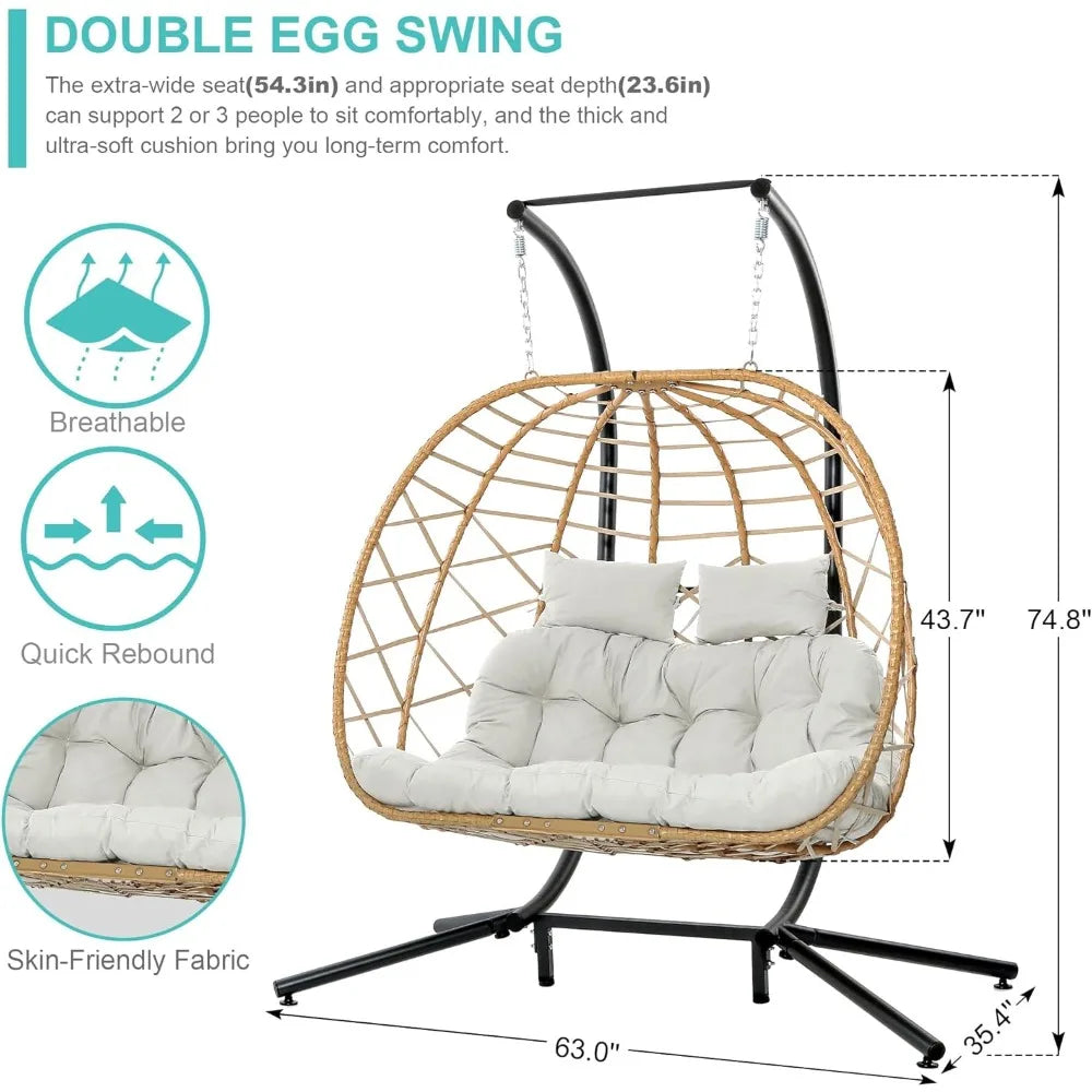 Double Egg Swing Chair With Stand 2-Person Hanging Hammock Chair With Cushion for Patio and Living Room 550 Lb Capacity