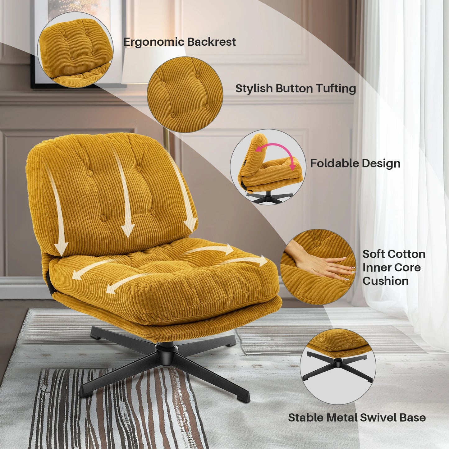 Redlife Foldable Accent Chair 360 Degree Swivel Tufted Upholstered Living Room