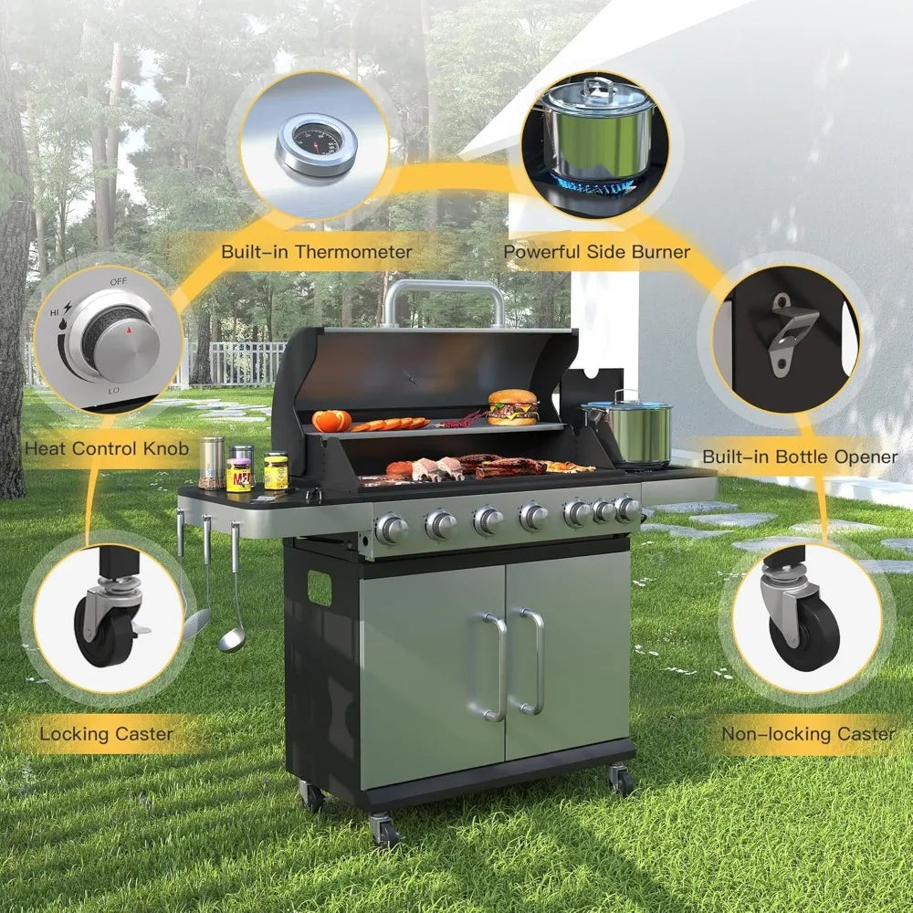 6 Burner Propane Gas BBQ Grill with Side Burner and Porcelain Enameled Cast Iron Grates 65500 BTU Output Stainless Steel Grill