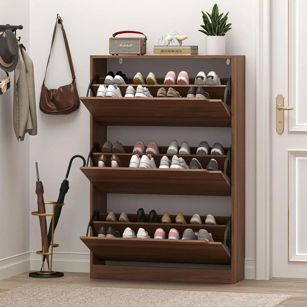 Slim Narrow Wood Shoe Cabinet With 3 Flip Drawers Freestanding Organizer