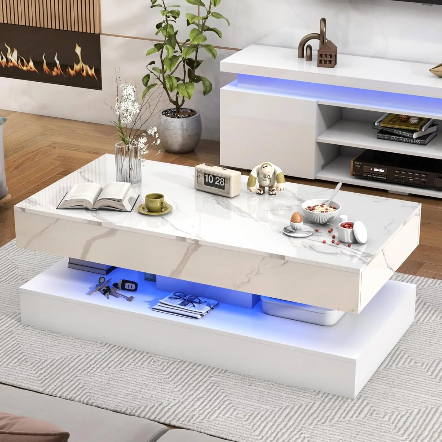 Modern Coffee Table With LED Lights And Storage Drawers
