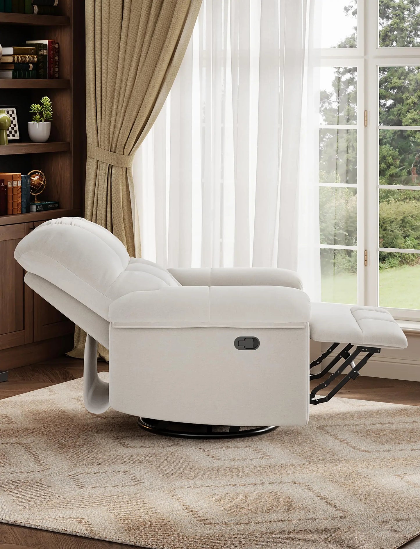 Oversized Overstuffed Chenille Recliner With Swivel Rocker And Padded Armrests