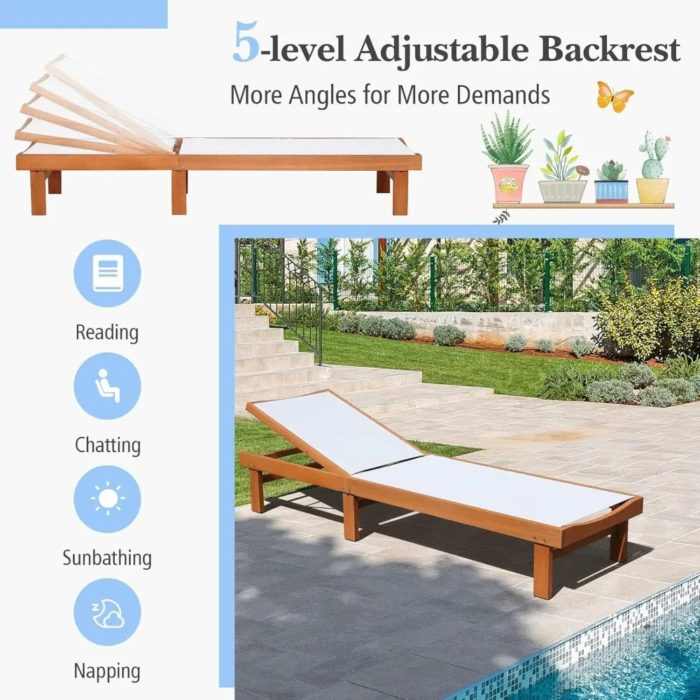 Outdoor Wooden Lounge Chair 5 Position Patio Recliner Chaise Lounge Tanning Chair for Backyard Poolside
